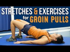 a woman is doing an exercise on a mat with the words stretches and exercises for groin pulls