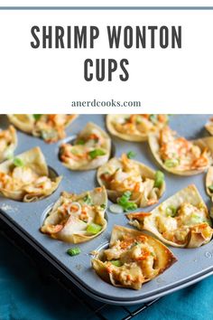 shrimp wonton cups on a baking sheet with the title text overlay reads shrimp wonton cups