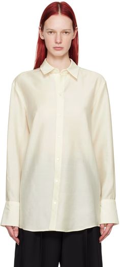 Off-White Adam Shirt by La Collection on Sale White Silk Shirt With Button Closure, Luxury Cream Tops For Work, Luxury Cream Top For Workwear, Luxury Cream Top For Work, White Silk Button-up Shirt, Silk Shirt With Hidden Button Closure For Work, Silk Workwear Shirt With Hidden Button Closure, Spring Silk Blouse For Business, Silk Shirt With Covered Buttons For Work