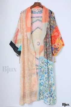 Bjux - Kimono bohemio de manga abullonada con estampado de patchwork y cordón, de estética única Moda Kimono, Boutique Business, Traditional Kimono, Patchwork Print, Bohemian Print, Duster Cardigan, Patchwork Patterns, Printed Drawstring, Vacation Style