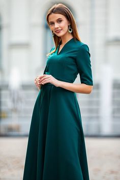 "Dark Green Maxi Dress, New Year Maxi Dress, Cocktail Party Dress Classic dark green maxi dress with circle skirts ➤ Features > dress lenght: 150 cm / 59,05\" > mid sleeves > v neckline > circle skirts > waistband ➤ Sizing My Size Guide in FAQ section below will help you define the perfect size match. The item can also be made according to your measurements - just message them to me. ➤ Delivery Your item is made-to-order and will be ready within 2-7 days. Average delivery times: & Elegant Green V-neck Short Sleeve Dress, Chic Dark Green V-neck Dress, Dark Green V-neck Summer Dress, Chic Dark Green Knee-length Dress, Dark Green Evening Dress For Spring, Dark Green Midi Dress For Spring Party, Dark Green Spring Party Midi Dress, Fitted Dark Green Floor-length Dress, Green Fitted Short Sleeve V-neck Dress