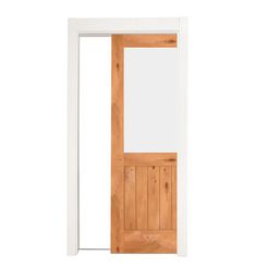 an open wooden door with white trim and wood paneling on the bottom half of it