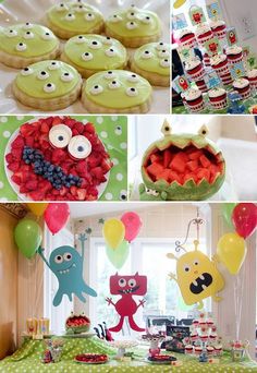 an assortment of desserts and treats displayed at a children's birthday party