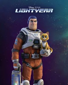 the character from disney pixar is holding a small dog in his arms and wearing an orange space suit