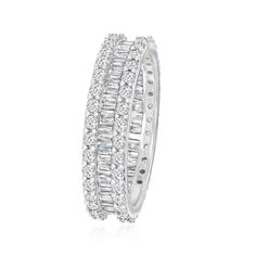 Ross-Simons - 1.50ct t. w. Baguette, Round Diamond Eternity Band Ring, Rhodium. Size 5. Treat yourself to a piece you'll love forever - like this eternity band. Baguette and round brilliant-cut 1.50 ct. t. w. diamonds are displayed in three endless rows. Set in 14kt white gold, this ring also makes an exquisite wedding or anniversary band. 3/16" wide. Diamond eternity band. Diamond birthstones are the perfect gift for April birthdays. Fine Jewelry White Gold Eternity Band With Baguette Diamonds, Elegant Baguette Cut Channel Set Eternity Band, Elegant Baguette Cut Eternity Band, Round Eternity Band With Baguette Diamonds, Cubic Zirconia Eternity Band With Baguette Diamonds, Elegant Eternity Band With Baguette Diamonds In Cubic Zirconia, White Gold Eternity Band With Baguette Cubic Zirconia, Elegant Diamond White Eternity Band With Baguette Diamonds, Elegant Cubic Zirconia Eternity Band With Baguette Diamonds