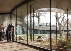 people are looking at the zoo through glass walls