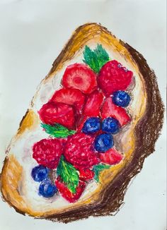 a piece of bread with berries on it and leaves around the edges is drawn in colored pencil