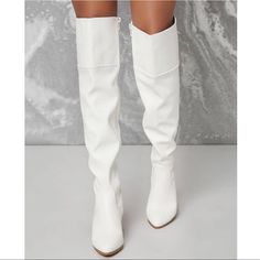 Slouchy Boot Side Zipper Round Toe Sizing Up Recommend Fall White Knee-high Boots Medium Width, Casual White Knee-high Heeled Boots, White Faux Leather Knee-high Boots For Fall, Casual White Leather Knee-high Boots, White Wide Calf Knee-high Boots For Fall, Casual White Knee-high Boots For Spring, White Wide Calf Knee-high Boots For Spring, White Pointed Toe Knee-high Boots For Fall, Chic White Leather Knee-high Boots