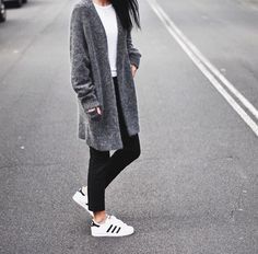 white tee shirt, black Jeans/leggings, grey cardigan, adidas shoes Grey Cardigan Office Outfit, Long Gray Sweater Outfit, Long Dark Grey Cardigan Outfit, Charcoal Grey Cardigan Outfit, Gray Long Cardigan Outfit, Charcoal Cardigan Outfit, Grey Long Cardigan Outfit, Long Gray Cardigan Outfit, Long Cardigan Outfit Winter Casual