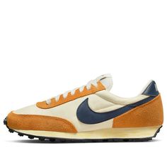 The Nike Daybreak SE 'Coconut Milk Midnight Orange' is a classic running shoe with a modern twist. Inspired by the 1979 original design, this sneaker features a waffle sole, wedge midsole, suede and fabric upper, and a bold colorway of gray, orange, and dark. Perfect for your everyday adventures, the Daybreak SE is stylish, comfortable, and ready for anything. With its timeless silhouette, this sneaker is sure to become a favorite in your wardrobe. (SNKR/Retro/Low Top/Women's/Wear-resistant) Nike Dbreak, Fashion Shoes Woman, Shoes For Women Summer, Fun Sneakers, Summer Shoes For Women, Nike Daybreak, Women Summer Shoes, Nike Shoes Women Fashion, Nike Air Pegasus