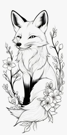 a black and white drawing of a fox surrounded by flowers