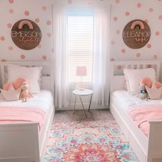 two twin beds in a girls'bedroom with pink polka dot wallpaper and white bedding