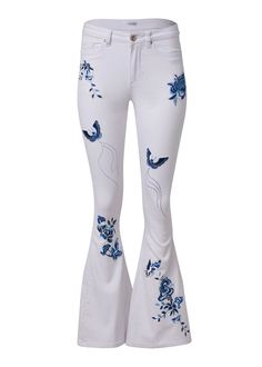 Embroidered Bootcut Jeans,Soft Button-Down Blouse,Strappy Toe Loop Heels Denim For Women, Cute Pants, Flare Leg Jeans, Online Fashion Store, Shorts Pants, Online Fashion Stores, Flared Jeans, Jeans For Sale, Bootcut Jeans