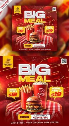 an advertisement for a big meal with fries and burgers on the table in front of it