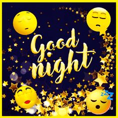 the words good night are surrounded by stars and emoticions in gold on a blue background