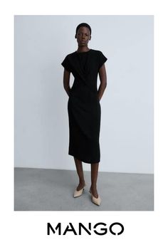 Light fabric, Slim fit, Midi design, Round neck, Short sleeve, Back closure, Knot detail at the front, Unlined Midi Design, Slim Design, Light Fabric, Black Color, Knot, Mango, Round Neck, Black Dress, Midi Dress