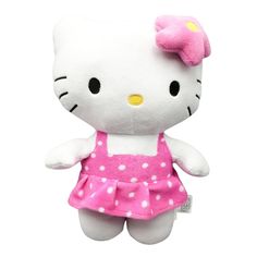 a hello kitty stuffed animal wearing a pink dress with white polka dots on it's chest