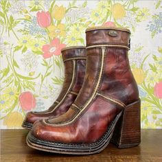 very beautiful heeled boots! made in spain! Brown Vintage Boots, Brown Platform Boots, Es Shoes, 70s Inspired Outfits, Worn Boots, Beaded Shoes, Red Boots, October 4