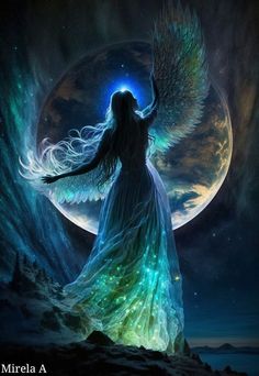 an angel standing in front of a full moon with her arms outstretched and wings spread out