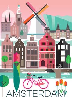 an image of a city with bicycles and flowers in the foreground, on a pink background