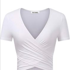 Vetior Women's Deep V Neck Short Sleeve Unique Slim Fit Cross Wrap Shirts Crop Tops Slim Fit Crop Top, Wrap Crop Tops, Wrap Shirt, Summer Crop Tops, Cropped Tops, Cute Crop Tops, Business Outfit, Crop Top Shirts, Going Out Tops