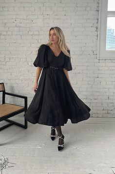 black puff sleeve midi dress with a belt and v-neckline Puff Sleeve Dress Black, Maxi Dress Puff Sleeve, Curvy Date Night Outfit, Black Puff Sleeve Dress, Air Clothes, Puff Sleeve Maxi Dress, Cream Midi Dress, Cream Maxi Dress, Dress Puff Sleeve