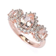 Gem Treasures® 18K Rose Vermeil 2.13ctw Morganite & White Zircon Ring - Featuring an 8x6mm pear-shaped and two 5x4mm oval morganite gemstones, this 2. 3 Stone Rings, Zircon Ring, Morganite, Jewelry Plate, Pure Silver, 18k Rose Gold, Pear Shaped, Gold Vermeil, Pear