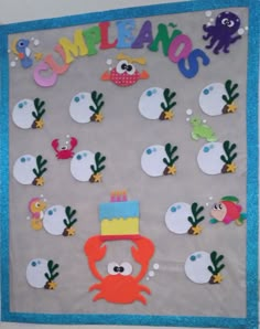 a bulletin board decorated with sea animals and words that spell out the word gumflanos