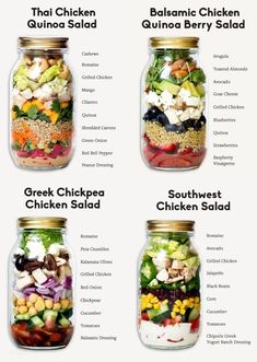 four mason jars filled with different types of food and labeled in the words, thai chicken quinoa salad