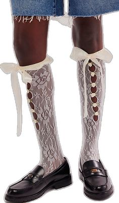 Fitted Mid-calf Stockings, Elegant Fitted Mid-calf Socks, Elegant Stretch Mid-calf Legwear, Elegant Fitted White Socks, Fitted Bow Stockings For Party, Fitted Lace Knee-high Stockings, Fitted Knee-high Lace Stockings, Fitted Lace Trim Stockings, Elegant Fitted Stockings With Lace Trim