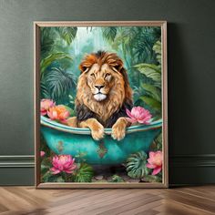 a painting of a lion sitting in a bathtub with water lilies on the floor