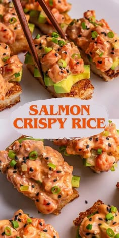 salmon crispy rice with chopsticks on the side and an orange text overlay that says salmon crispy rice