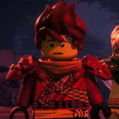 the lego movie characters are standing in front of a dark background and one is holding his arm