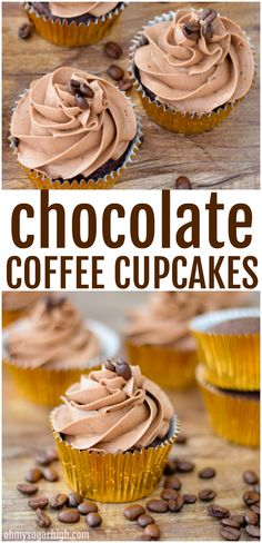 cupcakes with chocolate frosting on top and coffee beans around the edges in front