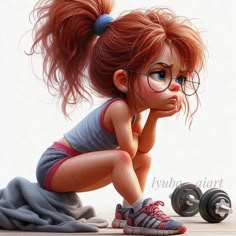 a drawing of a girl with red hair and glasses crouching next to a pair of dumbbells