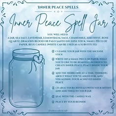 Inner Peace Spell Jar  Willow Witchcraft Peace Of Mind Spell Jar, Work Spell Jar, Calming Spell Jar Recipe, Inner Peace Spell Jar, Communication Spell Jar, Inner Peace Spell, Peace Spell Jar, Easy Spell Jars Recipes, Healing Spell Jars Recipes