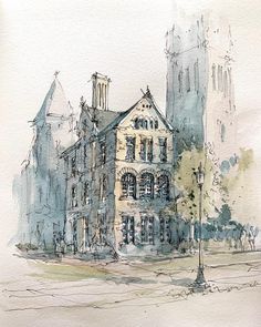 a watercolor painting of an old building