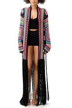 Long sleeve with belt. Fringe, cut to your own length. Acrylic Chic Long Sleeve Cardigan For Festival, Black Bohemian Long Sleeve Cardigan, Black Open Front Sweater For Spring, Fitted Black Bohemian Cardigan, Chic Black Festival Outerwear, Trendy Black Outerwear For Festival, Fitted Long Sleeve Cardigan For Festival, Elegant Crochet, Vibe Tribe