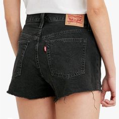 High Rise; Slim Through Hip; Button Fly. Stretch. 100% Cotton. New Without Tags. Size 32. Lunar Black. Black Levi Shorts, 501 Shorts, White Ripped Jeans, Summer Shorts Denim, Black Levis, High Rise Denim Shorts, Distressed Jean Shorts, Levi’s 501, Levi Jeans 501