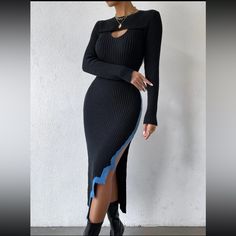 Black Sweater Dress With Blue Winter Black Bodycon Midi Dress, Black Winter Club Midi Dress, Black Midi Dress For Club In Winter, Black Midi Dress For Winter Clubbing, Black Stretch Midi Dress For Winter, Trendy Black Winter Dress, Trendy Black Long Sleeve Midi Dress, Trendy Long Sleeve Black Midi Dress, Chic Black Midi Dress For Winter