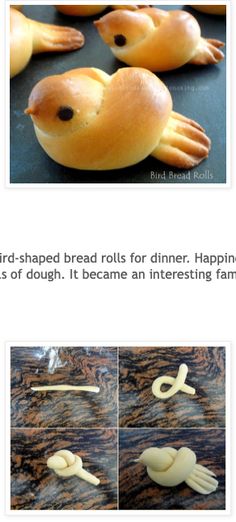 the instructions for making bread birds are shown in three different pictures, one is made out of