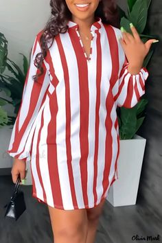 Olivia Mark - Chic Striped Print V-Neck Long Sleeve Plus Size Dress for Casual Wear Dresses Coats, Classy Short Dresses, Shirt Collar Styles, 2piece Outfits, Straight Clothes, Short Gowns, Vestido Plus Size, Classy Casual Outfits, Straight Dress