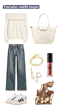 a white sweater and jeans outfit with gold accessories on it, including a handbag