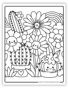 a coloring page with flowers and cactuses in the background, for kids to color