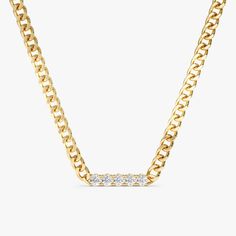 This necklace features a striking combination of bold 14k gold and dazzling diamonds. A 14k gold Cuban Link chain, known for its chunky and luxurious look, suspends a polished rectangular pendant. The pendant is pave-set with sparkling diamonds, creating a radiant display of brilliance. This necklace is a statement piece that is sure to turn heads and add an opulent touch to any outfit. - Handmade - Real Gold - Natural Diamond  - G Color, SI Quality Diamonds - Total Diamond Carat Weight: 0.55 ct Diamond White Necklace With Curb Chain, Diamond White Diamond Necklace With Curb Chain, Gold Diamond Necklace With Chain For Anniversary, Yellow Gold Diamond Necklace With Chain, Yellow Gold Diamond Cuban Link Chain Necklace, Diamond White Chain Necklace With Curb Chain, Anniversary Yellow Gold Diamond Chain Necklace, Cuban Link Diamond Necklace With Diamond Accents For Anniversary, Yellow Gold Cuban Link Diamond Necklace