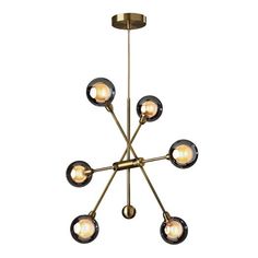 a brass chandelier with eight lights hanging from the center and five bulbs on each end