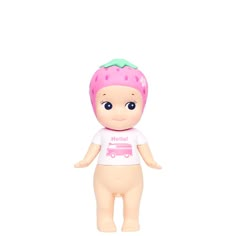 a toy doll with a pink strawberry on it's head