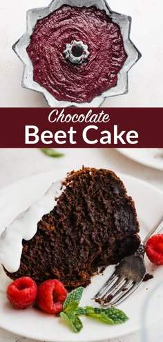 chocolate beet cake on a white plate with raspberries