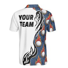 a white shirt with the words your team on it and golf balls all over it