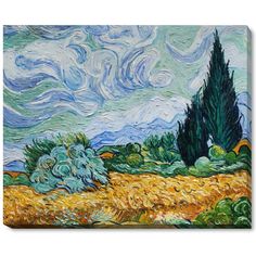 an oil painting on canvas of a wheatfield with trees and clouds in the background